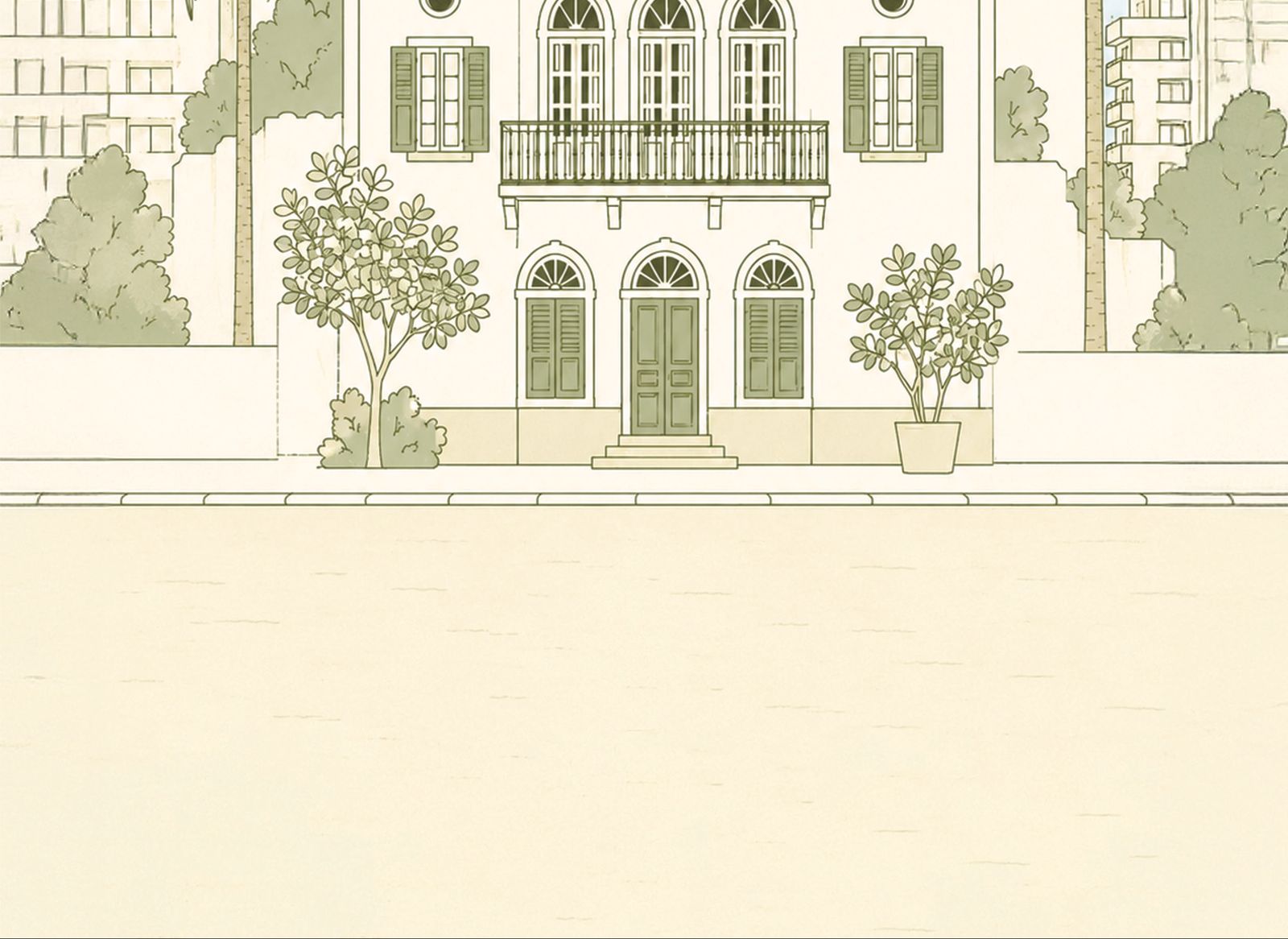 The front door of the Beiruti house from the Beit Beirut menu, with its arched windows, lemon tree and the street in front